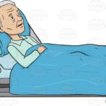 Elderly woman wearing light blue pajamas, lying in a hospital bed looking very weak